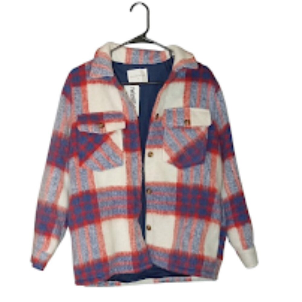 Small button down wool blend plaid shacket front … - image 15